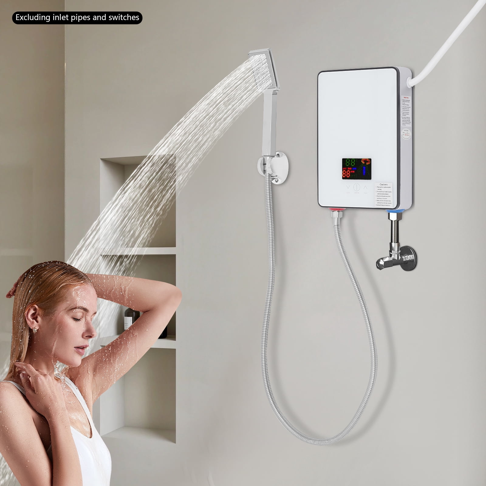 4500W Electric Water Heater with Shower Kit – Tempered Glass & Stainless Steel, Touch Screen Control – White for Bathrooms & Hotels