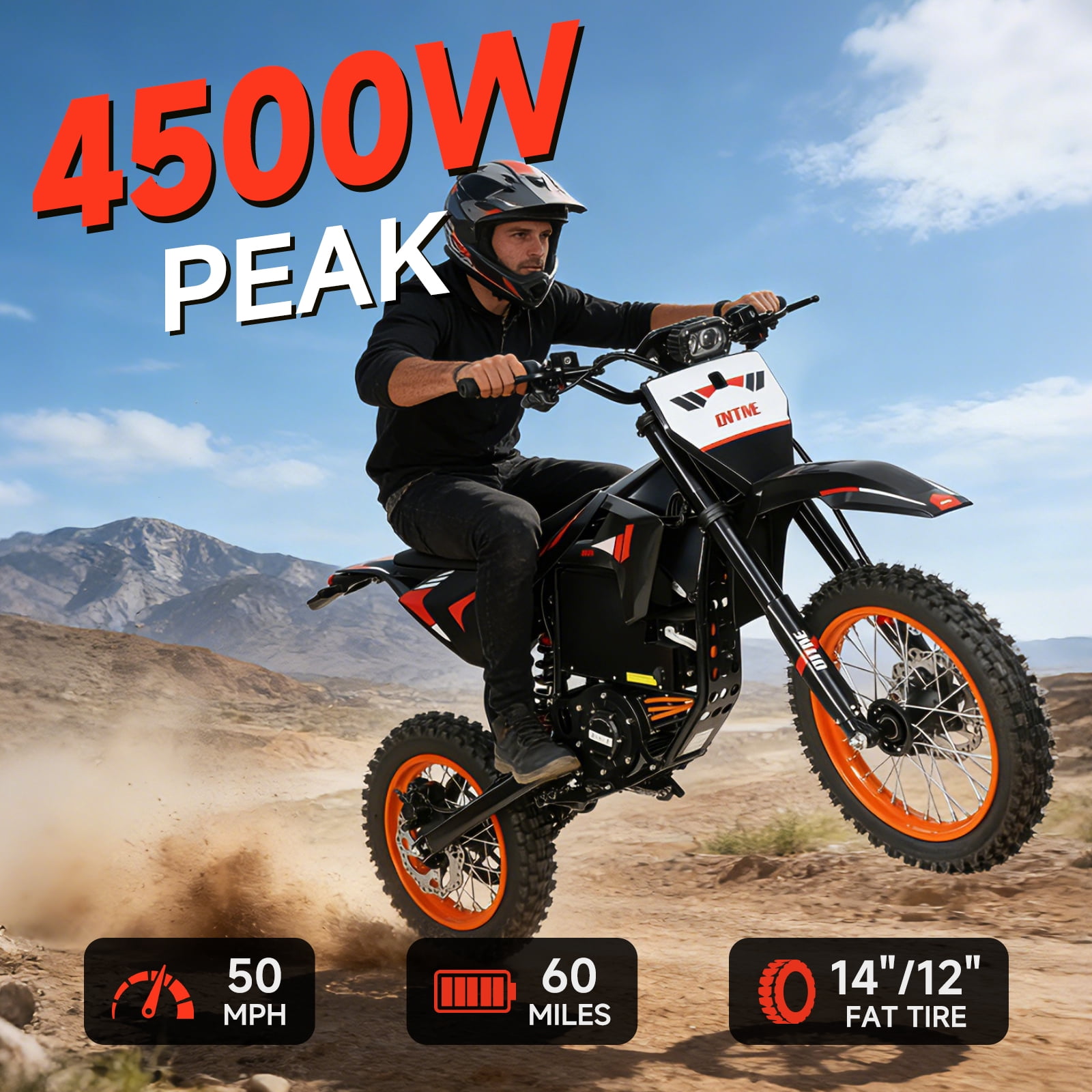 4500W Peak Electric Dirt Bike, 60V 28.8AH Battery Electric Motorcycle, 50MPH Max Speed & 60 Miles Range, Mid-Drive Motor, Dual Hydraulic Brakes, 14"/12" Fat Tire Off-Road E Bike for Adults, IP65 Wate