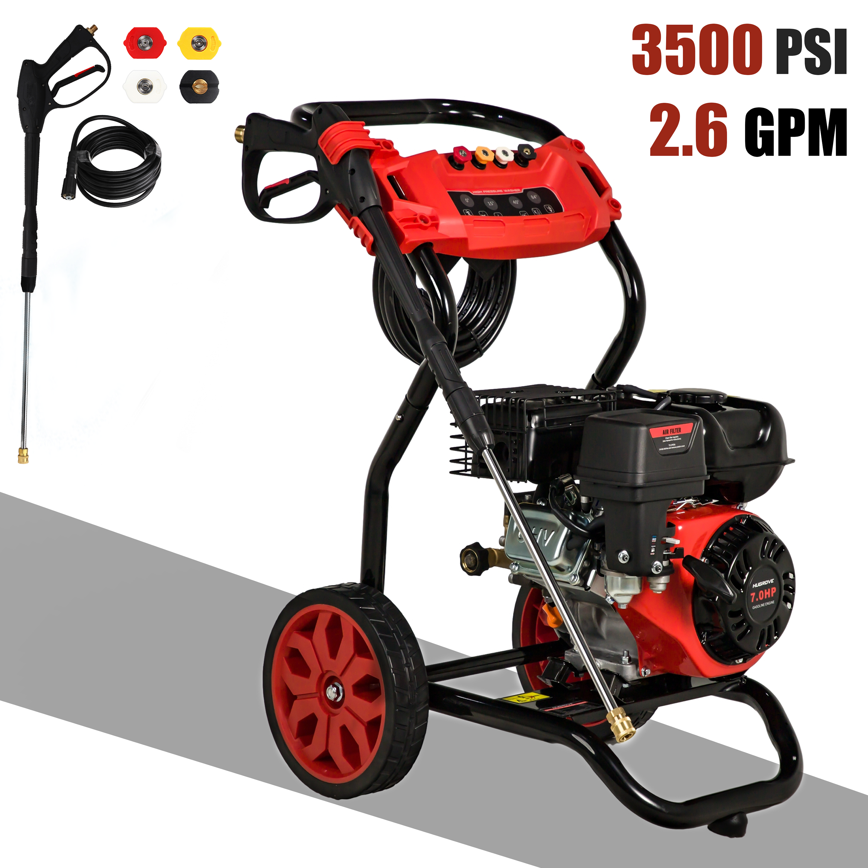 3600PSI Pressure Washer with 4 Nozzle, Portable Gas Pressure Washer for Patios, Cars, Fences, Driveways, 2.6GPM High-Power Washer with 28' High-Pressure Hose, Red & Black