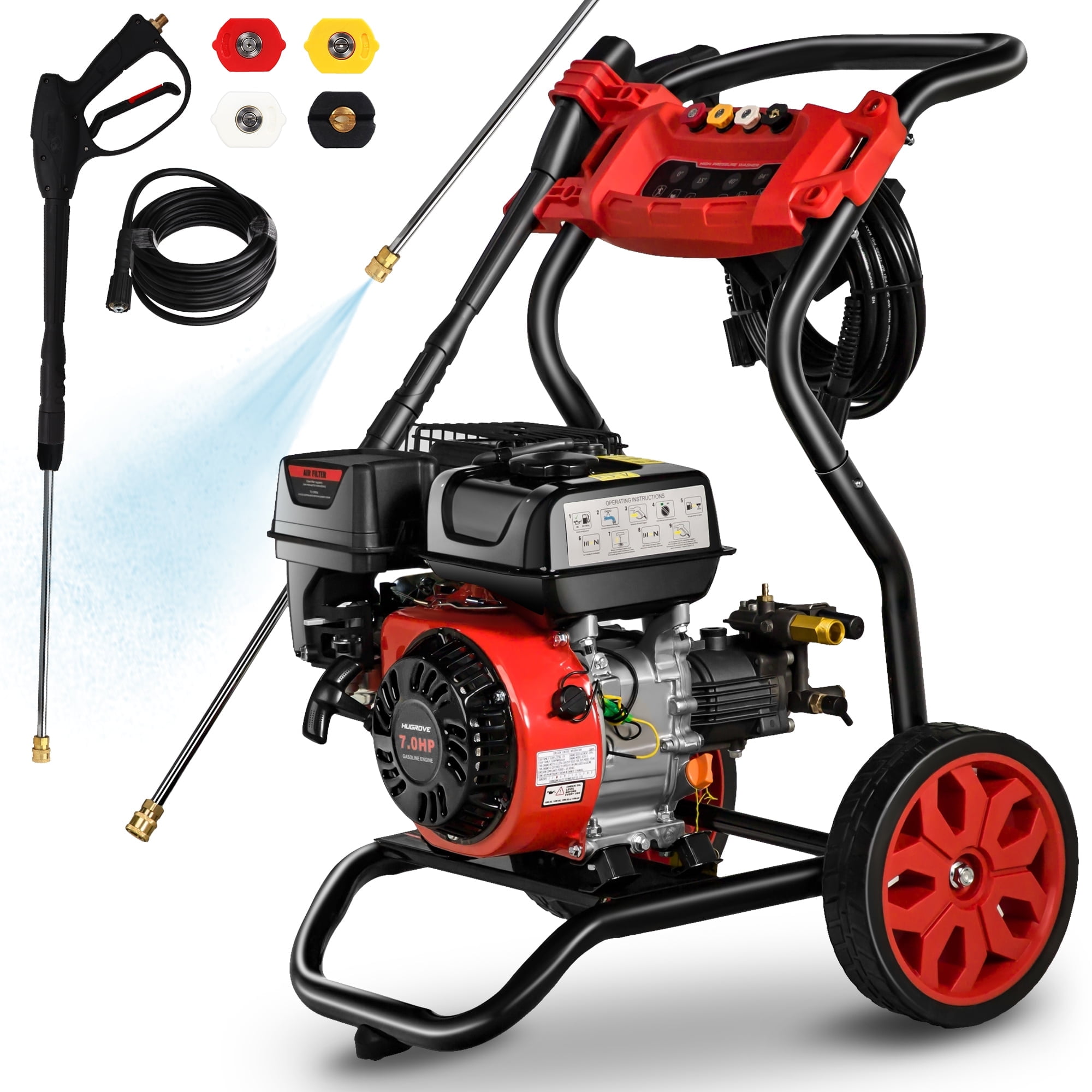 3500PSI Pressure Washer with 4 Nozzle, Portable Gas Pressure Washer for Patios, Cars, Fences, Driveways, 2.6GPM High-Power Washer with 28' High-Pressure Hose, Red & Black
