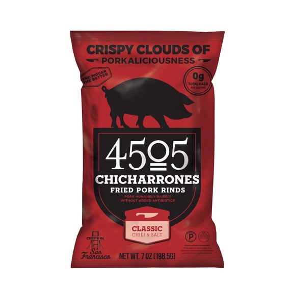 4505 Meats Classic Chili & Salt Chicharrones, Fried Pork Rinds, Keto Certified, Family Size Bag, 14 Servings, 7 Ounce