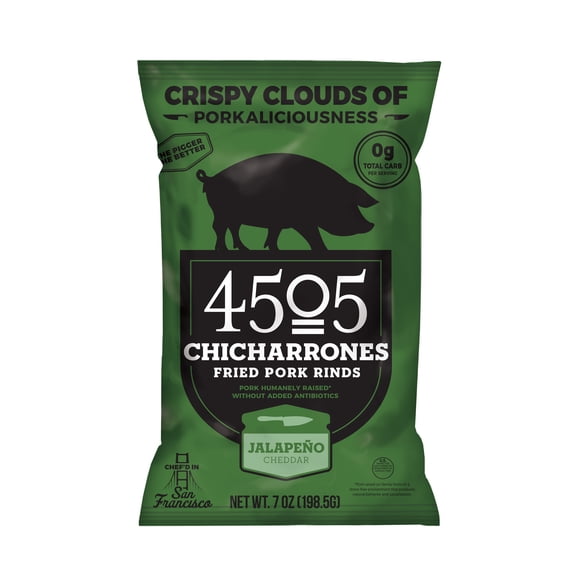 4505 Meats Jalapeno Cheddar Chicharrones, Fried Pork Rinds, Keto Certified, Family Size Bag, 14 Servings, 7 Ounce