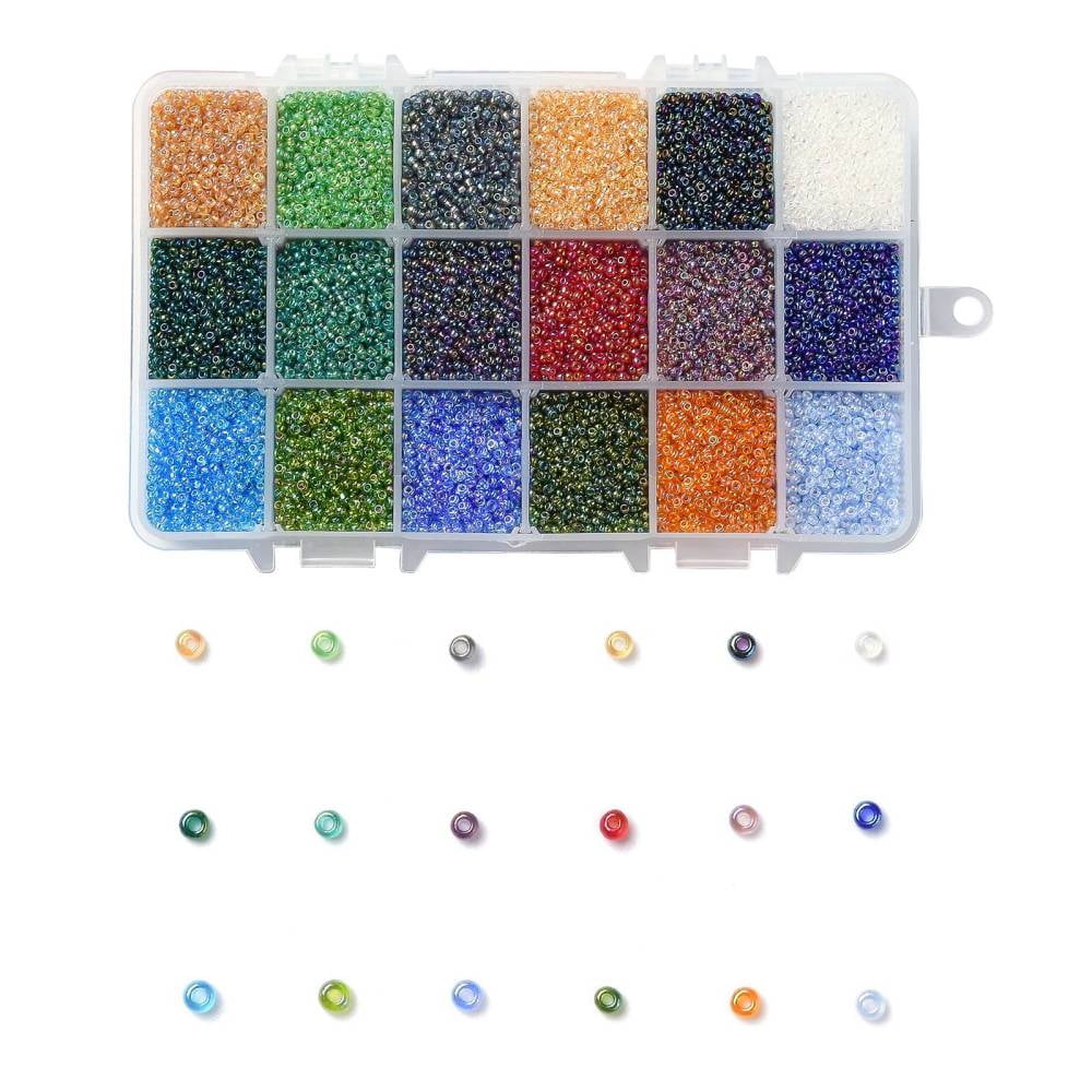 450G 18 Colors 12/0 Grade A Round Glass Seed Beads Transparent Colours Rainbow Mixed Color 2x1.5mm Hole: 0.9mm 25g/color about 48000pcs/box