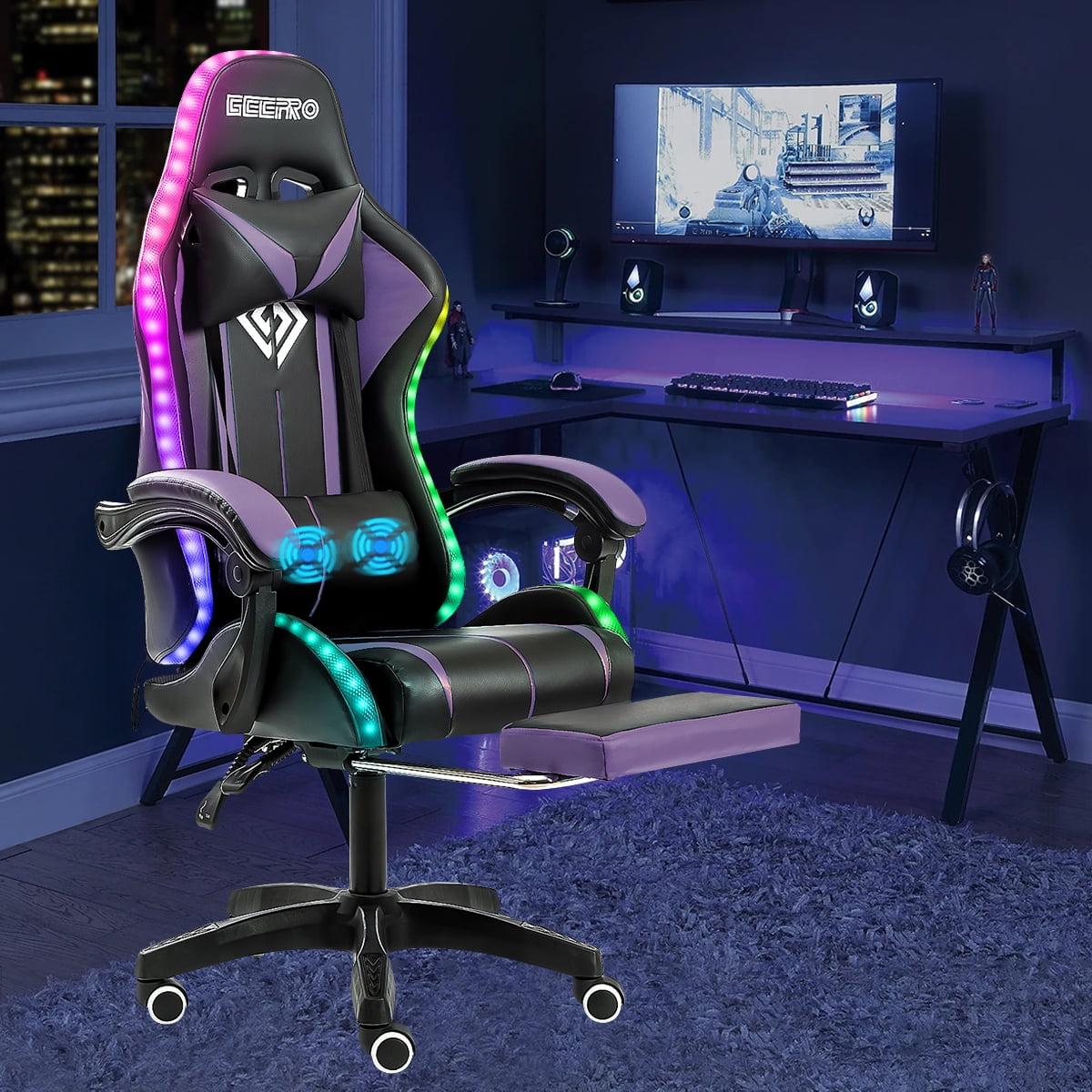 450LBS Load RGB Lighted Massage Gaming Chair, High Back Computer Chair with  Footrest and Lumbar Support, Height Adjustable Gaming Chair with 360 Degree  Swivel Seat and Headrest for Boys Girls Gaming 