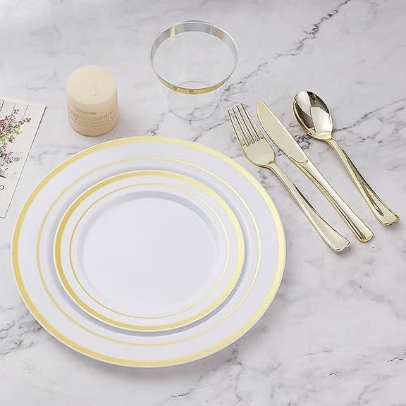 450PCS Gold Dinnerware Set for 75 Guests, Plastic Plates for Party, 75 Gold Disposable Plates, 75 Dessert Plates, 75 Cups, 75 Spoons, 75 Forks and 75 Knives