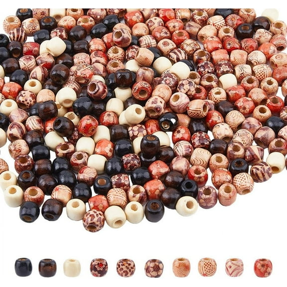 450Pcs Printed Wooden Beads 4 Styles Loose Wood Beads Barrel Beads African Beads for Hair Braids for Garland Macrame Jewelry Making DIYMixed Color