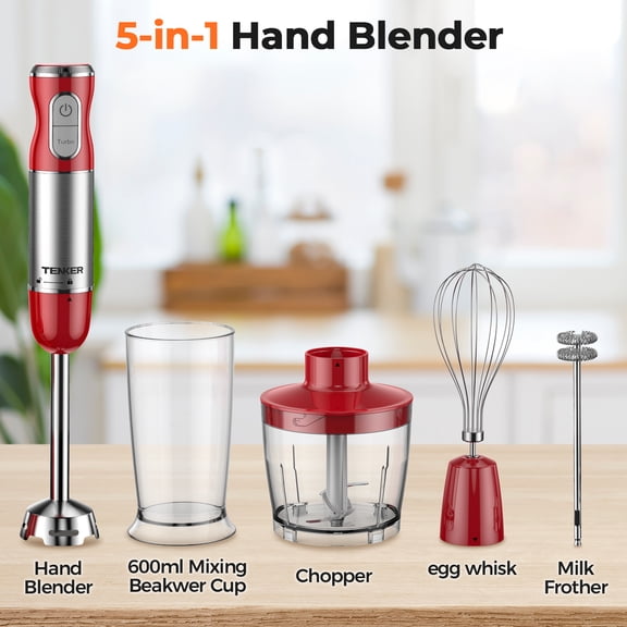 450W 5 in 1 Immersion Hand Blender Set with 30 Speed Settings Turbo Function Includes Mixing Beaker Chopper Whisk Milk Frother for Baby Food Soup Sauce Smoothie and Kitchen Cooking
