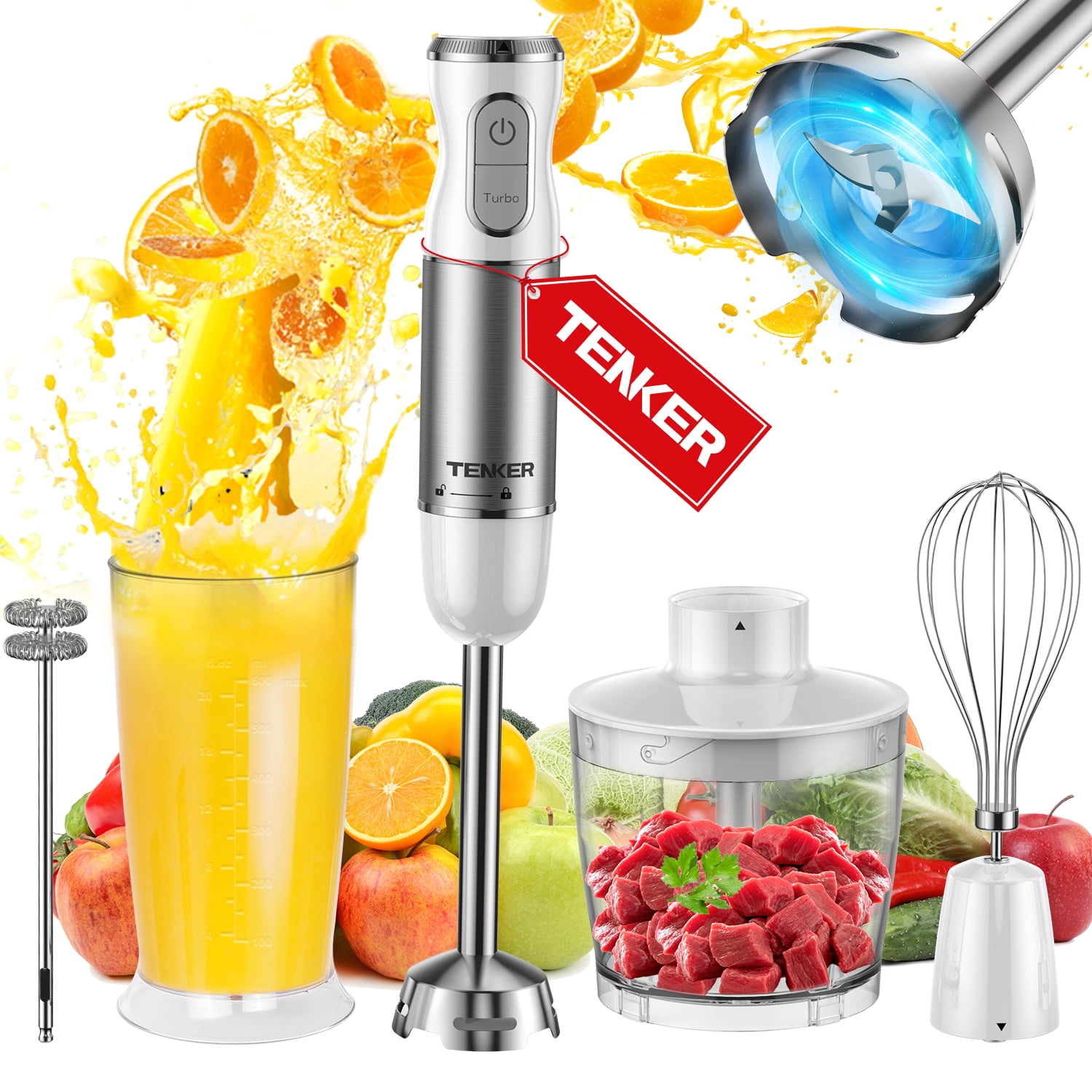 450W Immersion Blender 5 in 1 Electric Hand Blender,30 Speed Mode with Mixing Beaker,Chopper,Whisk and Milk Frother For Baby Food
