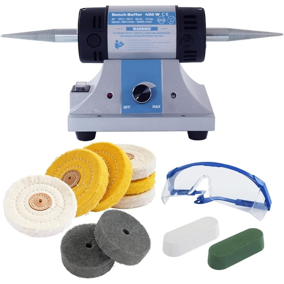 450W  Polisher, Variable Speed Bench Polishing Machine, Profesional Desktop Buffer  with 4'' , 3'' Fiber Buffing Wheels, Safe Glasses, Polish Compound for  Metal