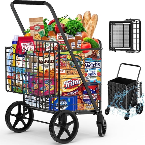 450lbs Capacity Shopping Cart,Upgrade Huge Grocery Cart on Wheels,Heavy Duty Foldable Utility Shopping Carts with Double Basket and 360° Rolling Swivel Wheels for Groceries Laundry Transport 1