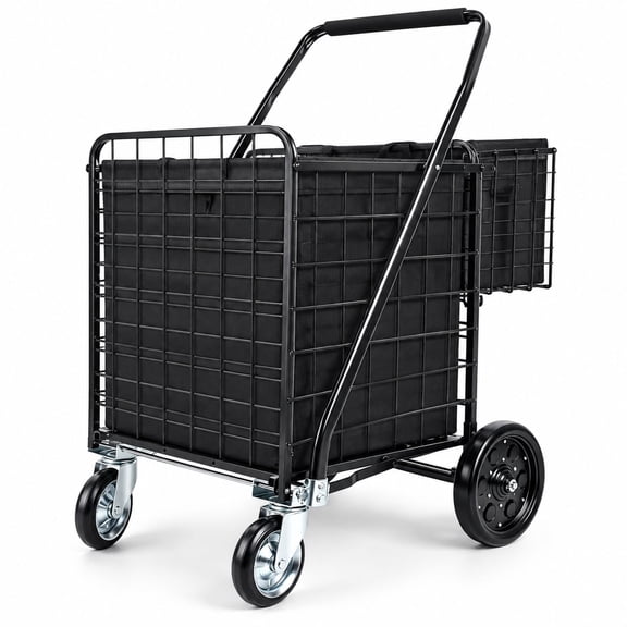 450lbs Heavy Duty Folding Shopping Cart with Dual Baskets - 39.5 Gallon Capacity, All-Terrain Wheels & Waterproof Liner | Commercial Utility Wagon for Grocery, Warehouse, Travel