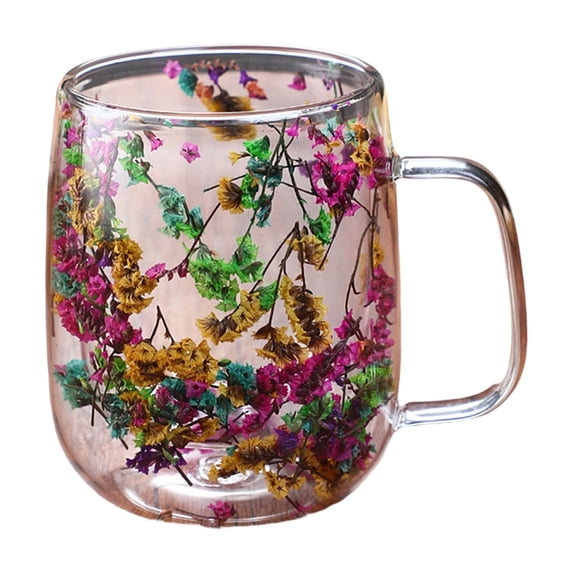 450ml Double Wall Glass Coffee Mugs Flower Coffee Mug Insulated Clear Espresso Cups for Cappuccino Tea Latte Hot Beverages Glasses (The color and position of the flowers are random)