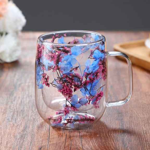 450ml Double-Walled Glass Coffee Mug with Handle, Reusable Insulated Glass Cup with Built-in Dried Floral Design, Aesthetic Tea Cup for Hot & Cold Beverages, 15oz(B)