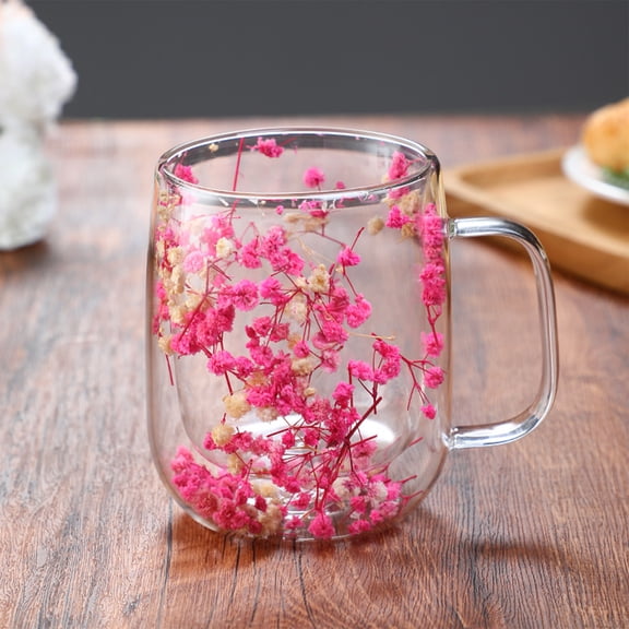 450ml Double-Walled Glass Coffee Mug with Handle, Reusable Insulated Glass Cup with Built-in Dried Floral Design, Aesthetic Tea Cup for Hot & Cold Beverages, 15oz(C)