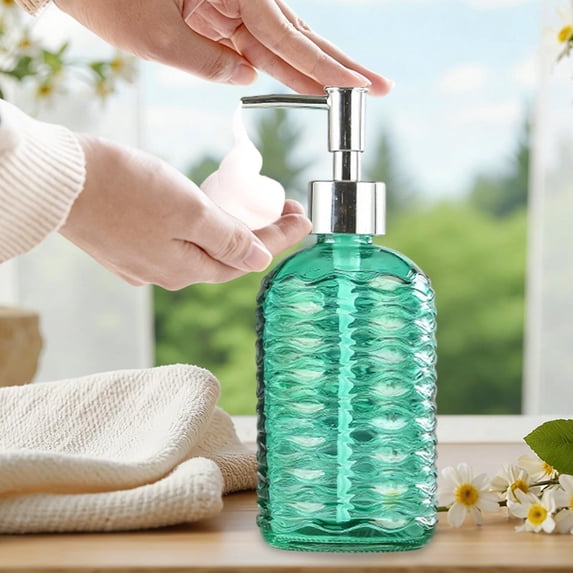 450ML Textured Glass Lotion Dispenser, Large 450ML Glass Lotion Dispenser, Press Cosmetic Jar, Elegant Container for Bathroom Hand Soap Kitchen Liquid Refill