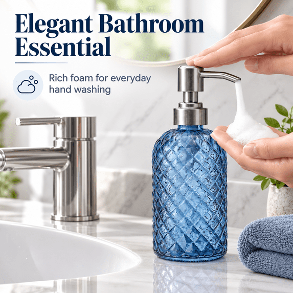 450ml Pineapple Shaped Glass Foaming Soap Dispenser, Refillable Foam Pump Bottle for Hand Soap Body Wash, Easter Bathroom Kitchen Decor Dispenser, Mother's Day Home Bath Accessory, Blue