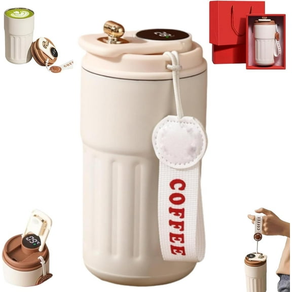 450ml Portable Insulated Tumbler,Intelligent Temperature Display Thermal Mug, 316 Stainless Steel Travel Mug with Temperature Display, Car-Mounted Design, for Hot Cold Beverages (Beige 1PCS)