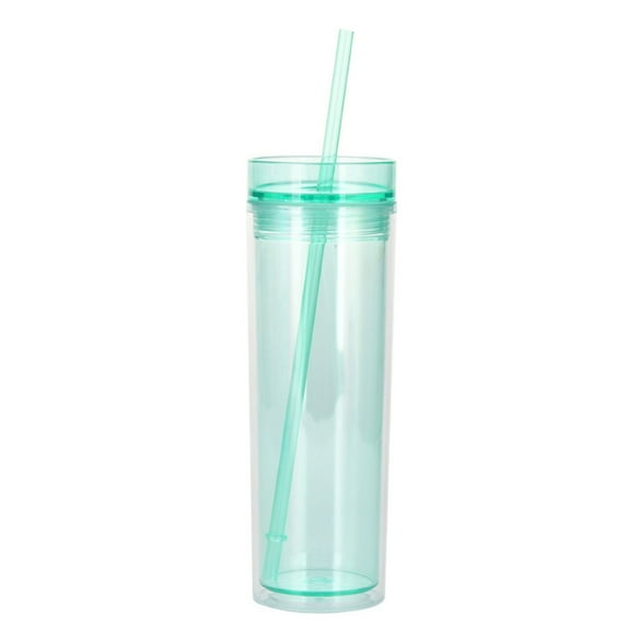450ml transparent double-layer straw cup, color straight cup, double-layer water cup with strawgreen