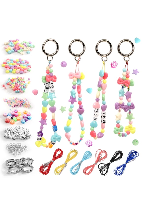 452 Pcs DIY Colorful Beaded Keychain Making Set, Letter, Round, Heart, Flower, Star Beads Craft Keyring with Metal Ring Clasp and Rope, for Decor Accessories