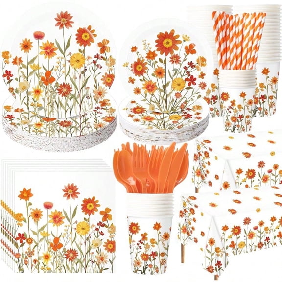 452 Pcs Fall Floral Party Supplies Orange Wildflower Tableware Set Fall Floral Paper Plates Napkins Cups Tablecloth Cutlery Straw For Thanksgiving Autumn Harvest Wedding Birthday Decoration