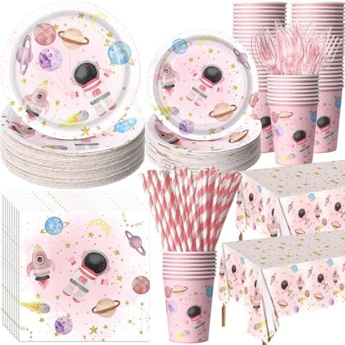 452 Pcs Party Supplies Serve 50 Guests, Paper Plates Napkins Cups Cutlery Plastic Tablecloth Dinnerware for Birthday Wedding Party Decoration(Light Pink,Space)