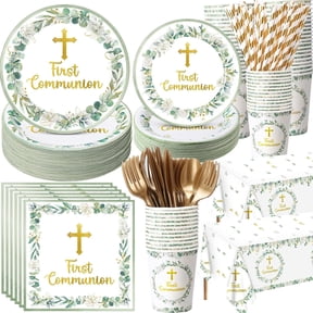 452-Piece First Communion Disposable Tableware Set for 50 Guests Green and Gold Paper Plates Napkins Cups Tablecloth Cutlery Straws