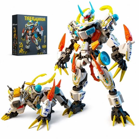 455 PCS Mech Building Blocks, Transforming Robot Building Set 2in1 White Tiger Action Figure, Toy Building Sets, White Orange Plastic, Adults and Teens 8+ Boys Desk Play