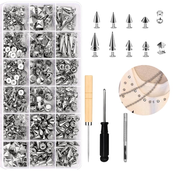 455 PCS Punk Studs for Clothing, 10 Size Metal Spikes and Studs Leather Rivets for Craft, Square Pyramid Studs Round Dome Rivets DIY Punk Style Decoration for Clothes Shoes Belts Dog Collar