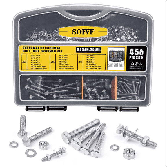 456pcs 304 Stainless Steel External Hex Head Bolts and Nuts Assortment Kit, M4 M5 M6 Metric Hex Bolt Set with Flat & Lock Washers, High Torque Fasteners for Automotive, Machinery & Outdoor DIY