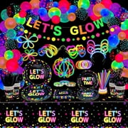 458 Pcs Glow Party Supplies - Include Balloons, Banner, Glow Sticks, Tableware and Tablecloths for Neon Party Decorations, Serves 20