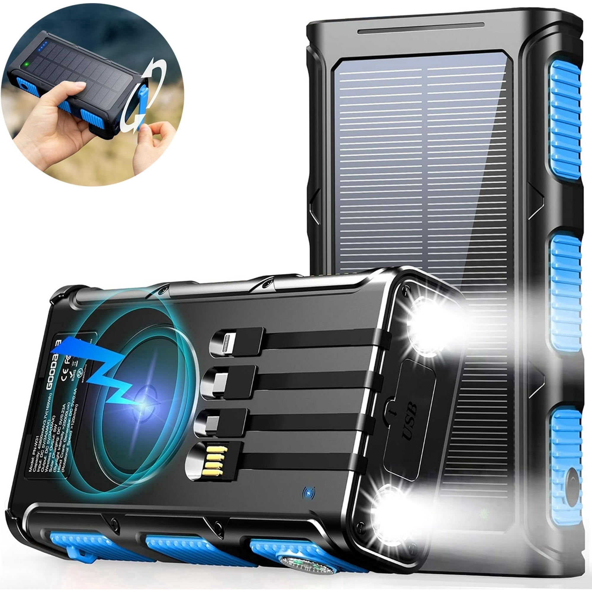 45800mAh Solar Power Bank 15W with Hand Crank & Cables & Wireless Charger, Solar Charger Compatible for iPhone, Android Phone