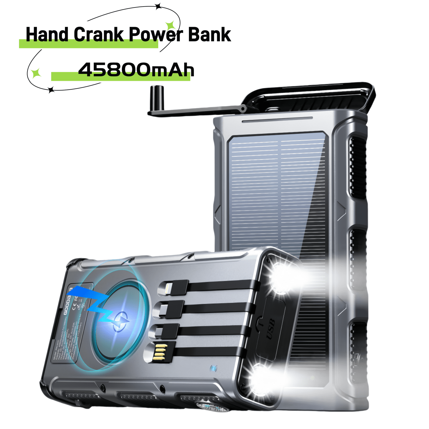 45800mAh Solar Power Bank, Portable Charger with USB-C Input/Output, 5V/3.1A QC 3.0 Fast Charging, Compatible with iPhone, Samsung, Google, and More（Silver）