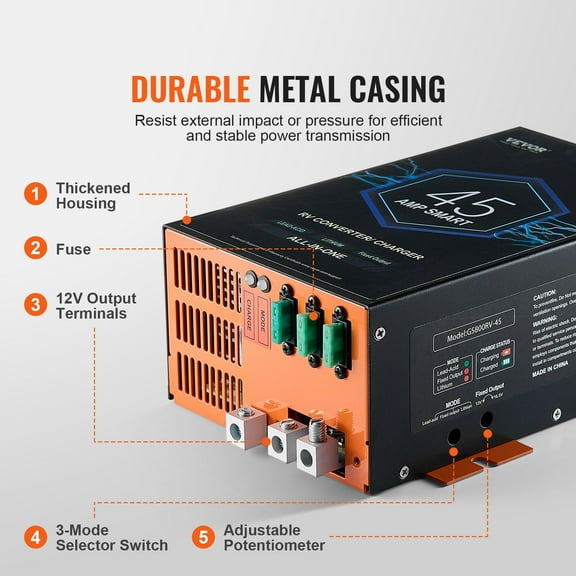 45A RV Power Converter 110V AC to 12V DC Battery Charger w/ Auto-Shutoff for Camper, Trailer, Motorhome Efficient 12 Volt Charging System