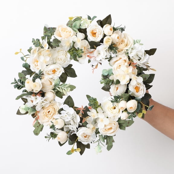 45Cm 17.72Inch Spring Summer Rose Peony Wreath, White, One Size 1Pc Floral Wreath For Home Decor