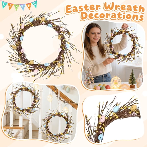 45Cm Easter Wreath, 18-Inch Farmhouse Style Faux Egg Twig Wreath Wall Hanging Decor, Easter Egg Garland For Door Home Spring Decorations, Easter Party Ornament