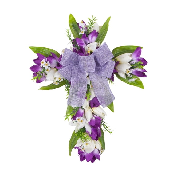 45Cm Tulip Cross Easter Decor With Bow Simulated Flowers Front Door Wall Hanging, Cross-Shaped Decoration Featuring Realistic Tulip Simulated Flowers And Ribbon Bow Accent, Ideal