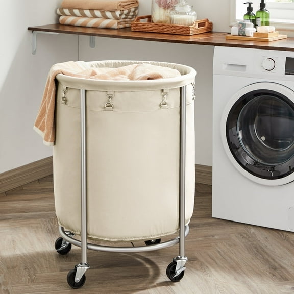 45Gal Round Laundry Sorter Laundry Hamper with Wheels Rolling Laundry Cart with Removable Bag for Laundry Room Cream and Silver
