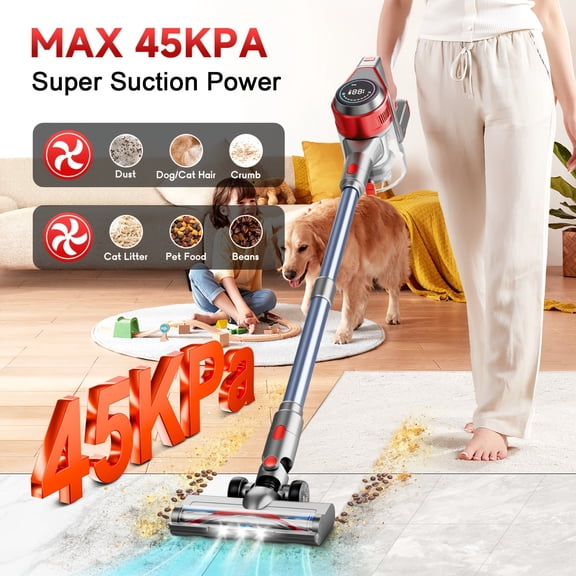 45KPA Cordless Vacuum Cleaner, 220W, LED Display, Quiet 60dB, One-Click Dusting, 45 Min Runtime, Aluminum Alloy Body
