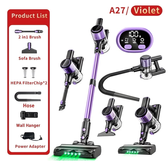 45KPA Cordless Vacuum Cleaner | Upgraded Green Light & Anti-Tangle Floor Brush | 8-in-1 Lightweight Stick Vacuum for Carpet & Pet Hair | Powerful for Tile & Hardwood Floors