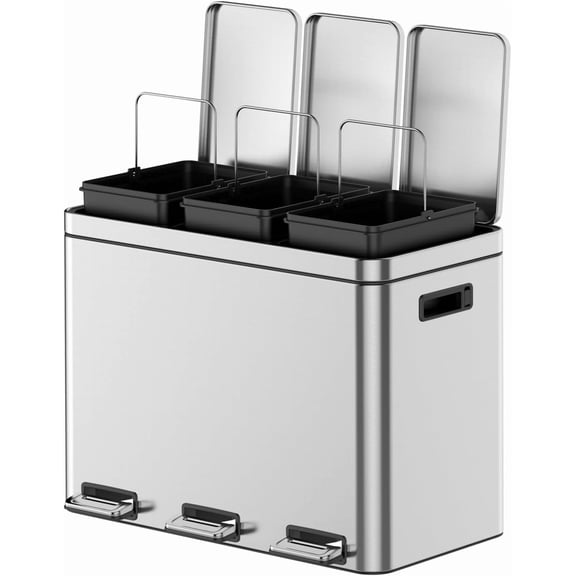 45L/12 Gallon Triple Compartment Trash Can, 3 x 15L Recycling Bin, Stainless Steel Kitchen Garbage Can with 3 Removable Plastic Inner Buckets, Hinged Lids, Waste Sorting, Silver