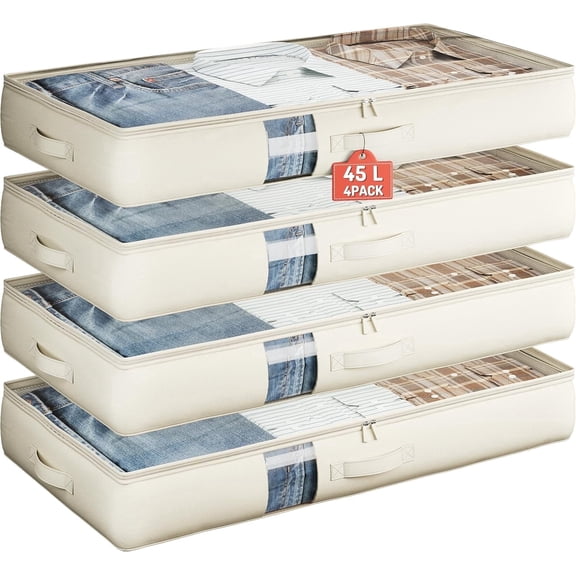 45L Under Bed Storage Containers, 4-Pack Storage Bins with Clear Top, Foldable Closet Organizers and Storage with Label Holder for Clothing, Blankets, Comforter & Pillows