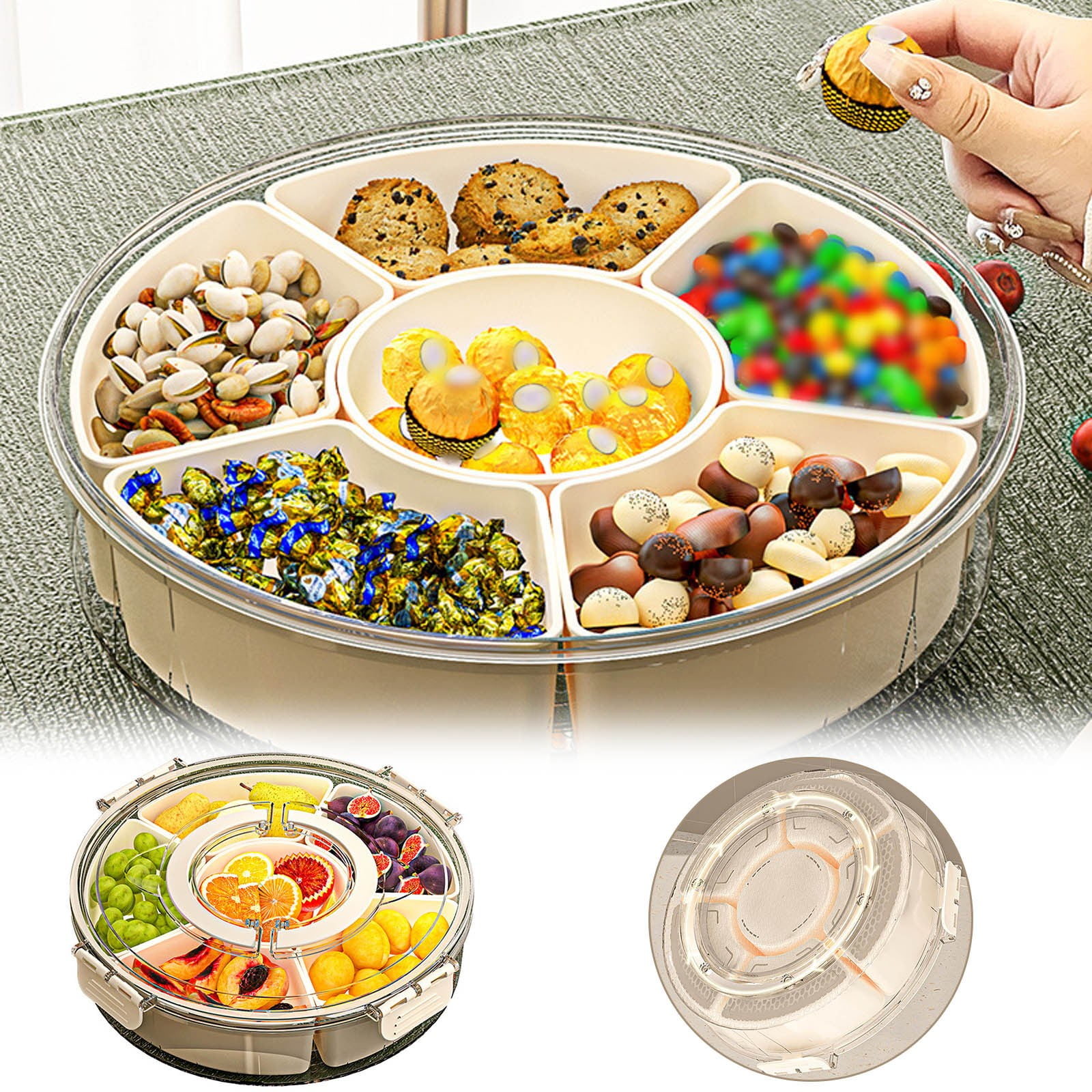 45L Clear Sealed Rotating Snack Tray with Lid and Handle for Vegetables ...