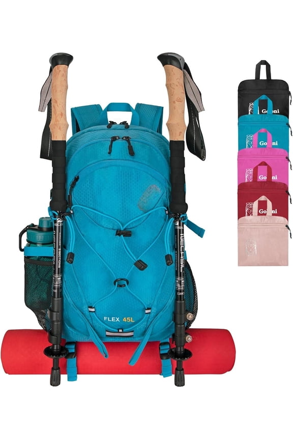 45L Hiking Backpack with Rain Cover, Lightweight Foldable Camping Backpack for Trekking, Water-Resistant Daypack with Hiking Pole & Mat Carrying System,Blue