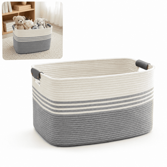 45L Small Natural Cotton Rope Woven Rectangular Laundry Basket Hamper with Leather Handles, Grey for Home Laundry Storage Durable Organizer