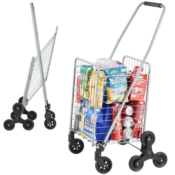 45L Stair Climbing Cart, Foldable Grocery Cart with 360 Wheels, Lightweight Portable Utility Cart for Shopping, Laundry, and Travel, Silver