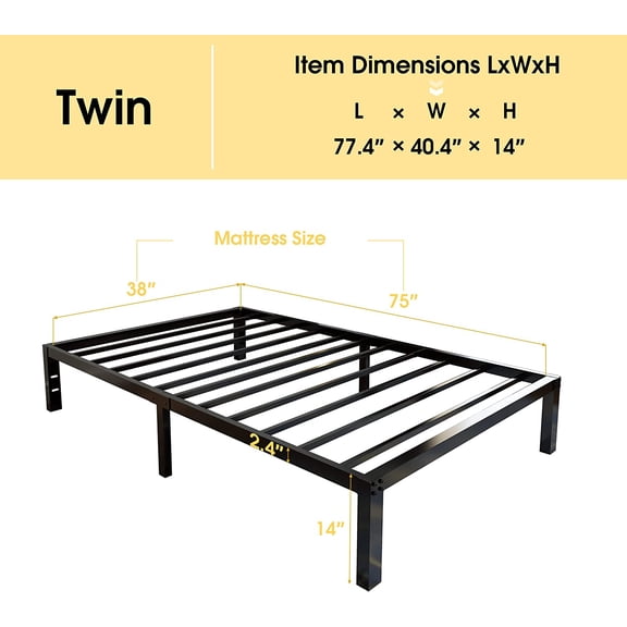 45MinST 3600lbs Heavy Duty Bed Frame,14 Inch Sturdy Steel Slat Mattress Foundation, Metal Reinforced Platform Box Spring Replacement, Easy Assembly with Quick Lock, Twin
