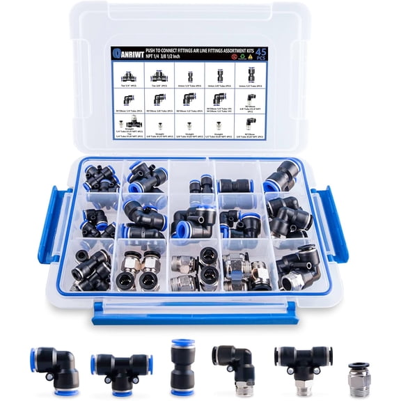 45PCS Air Line Fitting Kit, NPT Thread Push To Connect Fittings, Nylon Tubing 1/4, 3/8, 1/8, 1/2" Quick Connect, Air Line Fittings assortment kit for Automotive Car or Industrial Workshops