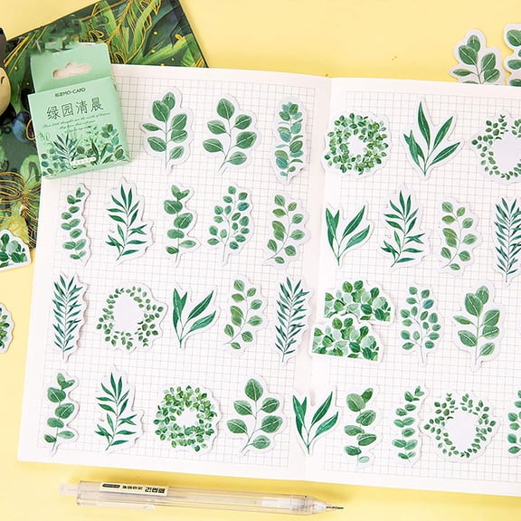45PCS Boxed DIY Decoration Green Leaves Adhesive Paper Stickers for Laptop Planners Scrapbook Diary Notebooks