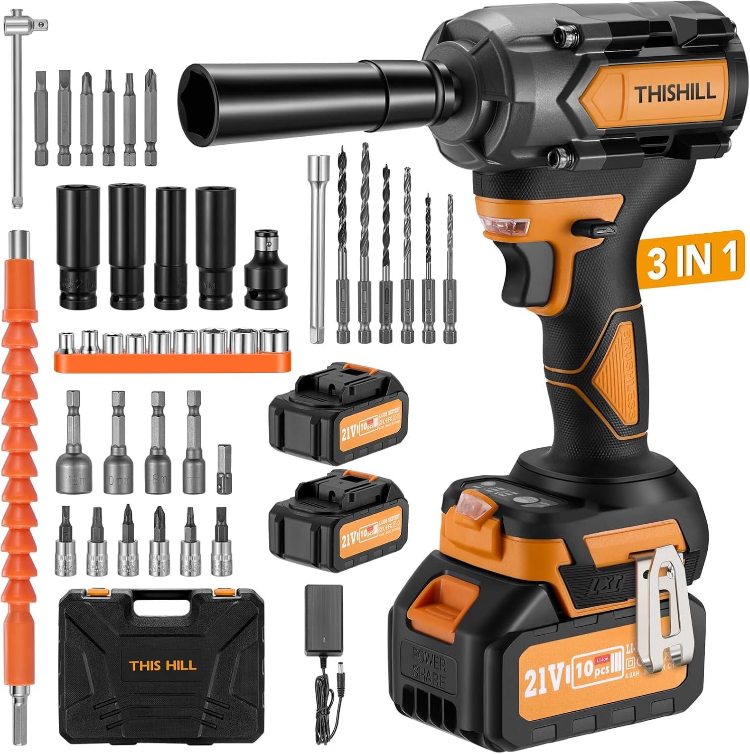 45PCS Cordless Impact Wrench,600Nm(443Ft-lbs),1/2 Inch Brushless lmpact Driver Set,w/Two 4.0Ah Battery,17 Sockets,High Torque Power Impact Gun for Car Home