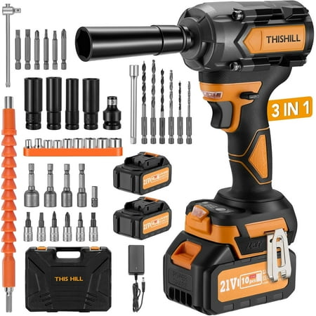 45PCS Cordless Impact Wrench,600Nm(443Ft-lbs),1/2 Inch Brushless lmpact Driver Set,w/Two 4.0Ah Battery,17 Sockets,High Torque Power Impact Gun for Car Home